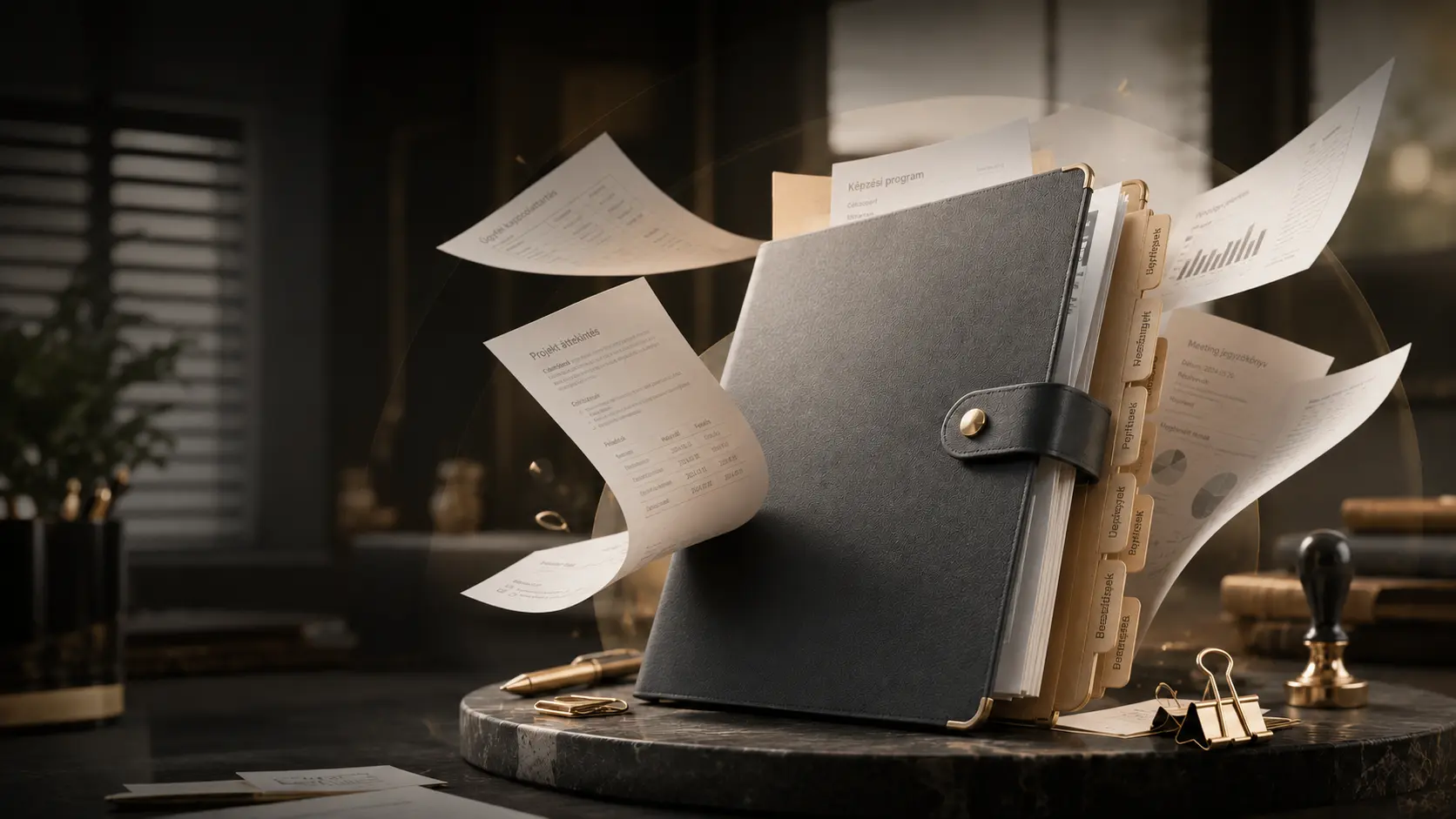 Auditbiztos felnőttképzési dokumentáció — gyűrűs filofax tele rendszerezett iratokkal